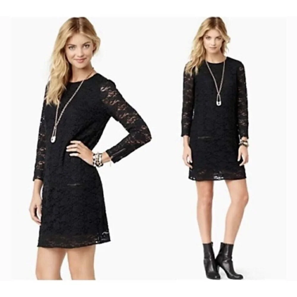 $298 Juicy Couture Sz XS Black Lace Mini Dress Faux Leather Trim Shift Sheath